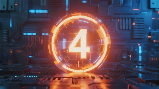 Digital countdown timer displaying number four in a futuristic technological environment with glowing circuitry and neon lights.