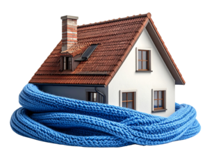 
Hyper-realistic 8K PNG of a small house snugly wrapped with a soft knitted blue scarf 349157