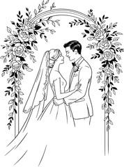 Wedding couple under floral arch, romantic bride and groom illustration, elegant line art for invitations, ceremony decor, or design projects