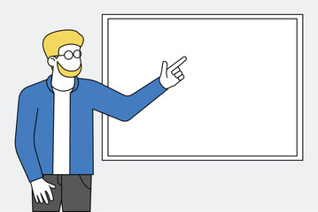 A man stands in front of a banner, presentation of his work or teaching flat design illustration