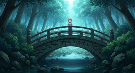 Young woman stands on ancient stone bridge over tranquil forest stream, seeking adventure