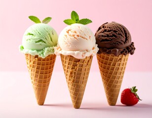 Three Delicious Scoops of Refreshing Ice Cream in Crispy Waffle Cones