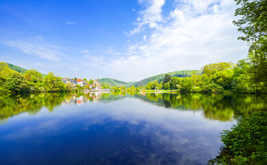 View of the Beyenburg Reservoir and the surrounding landscape. Nature near Beyenburg at the dam in the Bergisches Land region.
