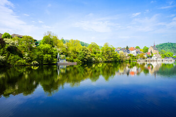 View of the Beyenburg Reservoir and the surrounding landscape. Nature near Beyenburg at the dam in the Bergisches Land region.

