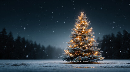 A beautifully illuminated Christmas tree covered with snow glowing warmly under a falling snow night sky in a serene winter forest setting