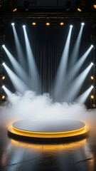 Circular stage with spotlight beams and fog effects in a dark theater setting