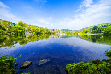 View of the Beyenburg Reservoir and the surrounding landscape. Nature near Beyenburg at the dam in the Bergisches Land region.
