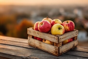 Apples in a wooden box on the table at sunset, autumn concept.