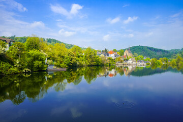 Fototapeta premium View of the Beyenburg Reservoir and the surrounding landscape. Nature near Beyenburg at the dam in the Bergisches Land region. 