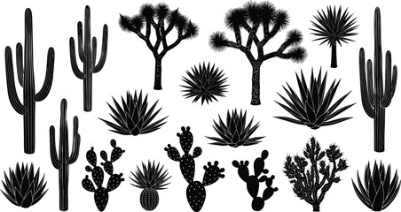 Desert plant silhouette vector set, cactus and tree shapes, black botanical design, nature illustration, cad drawing flat vector illustration © Nupoor's World