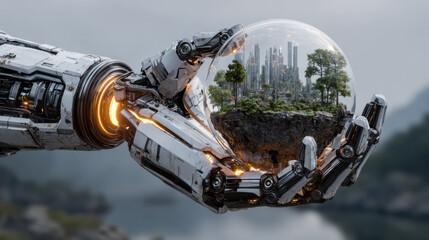 A glowing robotic AI hand cradling a miniature digital world