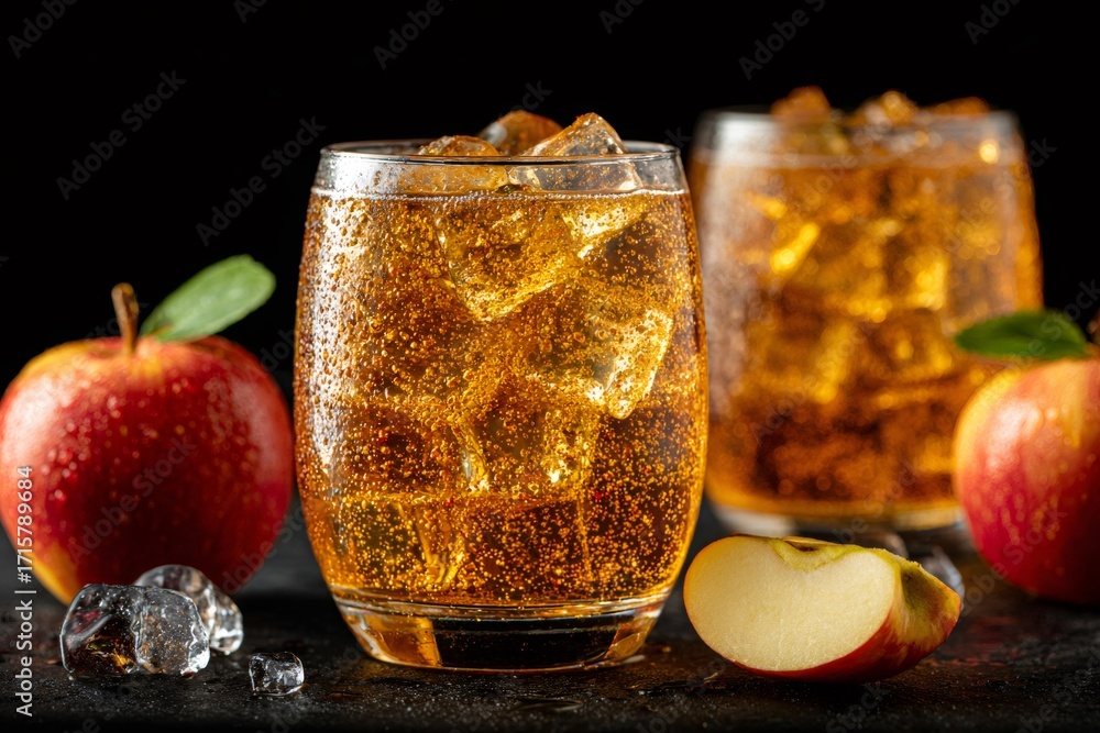 Poster apple juice drink filled with ice cubes and sparkling bubbles, surrounded by fresh red apples on a d