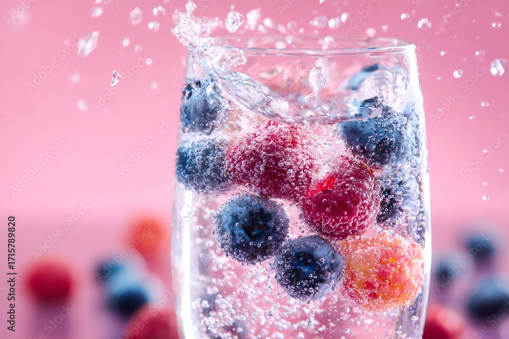 Poster refreshing sparkling water with blueberries and raspberries in a glass, creating a bubbly drink with