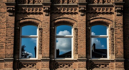 Three arched windows of a sunlit brick building reflect a clear blue sky dotted with fluffy white clouds.