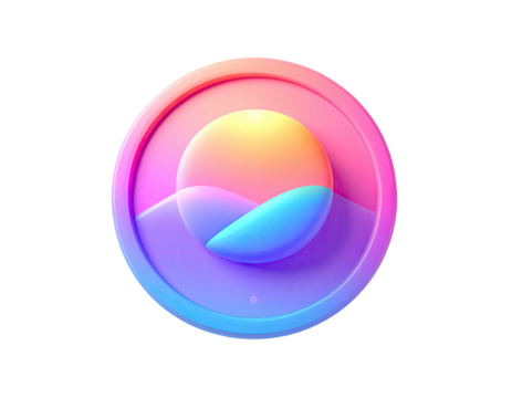 Colorful, 3D-styled circular badge with a sunset and water scene