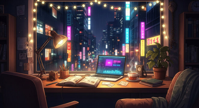 Cozy night study setup with laptop, books, and steaming tea overlooking vibrant city lights
