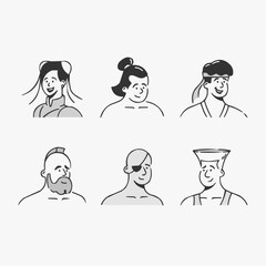 Diverse character portraits showcase historical and modern archetypes with expressive smiles