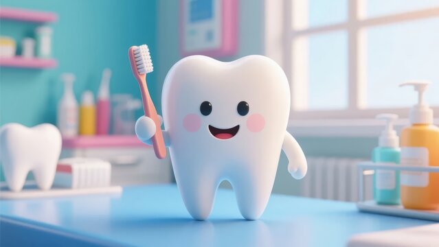Animated tooth character holding a toothbrush in a bright bathroom setting
