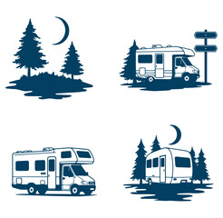 Collection of illustrated motorhomes and recreational vehicles camping near trees at night