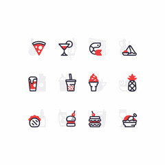 Delicious food and drink icons celebrate culinary delights and vibrant flavors for menus and websites