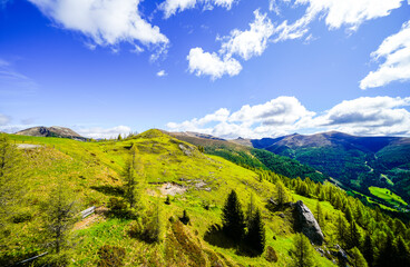 View of the surrounding landscape of the Nockberge Biosphere Reserve. Nature in the mountain region of Salzburg's Lungau region.
