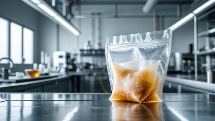 Futuristic food storage pouch with liquid in laboratory
