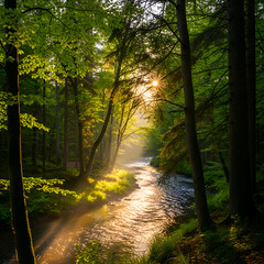 Obraz premium Sunlit Stream Through Verdant Forest - A Serene Landscape.