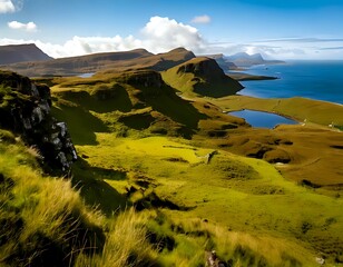 Lush green hills meet a vibrant blue sea