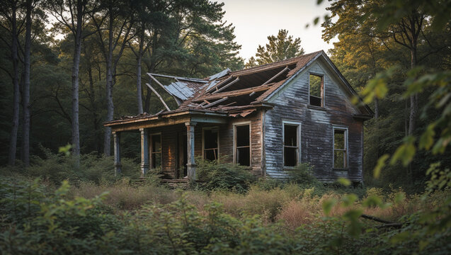 Abandoned wooden house in the forest with collapsed roof