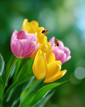 Fototapeta spring garden with blooming tulips and bees, bright sunny day