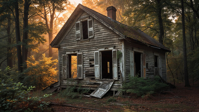 Abandoned wooden house in the forest with collapsed roof - Powered by Adobe