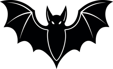 Black silhouette of a bat with spread wings isolated on white background