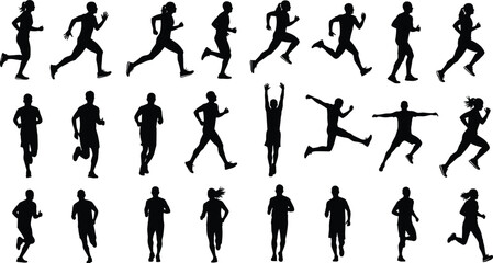 Running and jogging silhouettes in athletic poses, black vector figures in motion, human movement reference for sports, animation, biomechanics