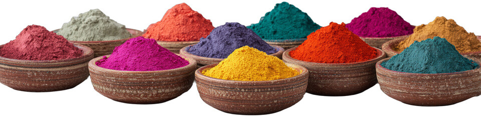 Holi colors or powder in traditional pot isolated on transparent background.