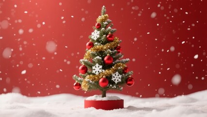 Obraz premium A decorated Christmas tree with red ornaments and gold tinsel stands on a snowy surface against a red background with falling snow.