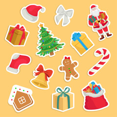 Christmas atmospheric stickers with elements Santa Claus red bag presents bell cookies fir tree