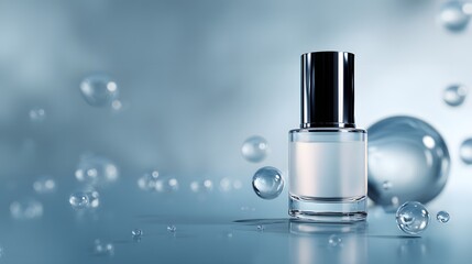 Hydrating facial serum in a clear glass bottle with bubbles on blue background. Cosmetic glass bottle with bubbles.