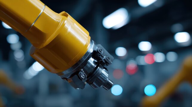 robotics manufacturing plant, automated robotic arms assembling devices, neon ambient industrial lighting