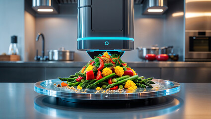 Smart futuristic cooking appliance preparing fresh vegetables in modern kitchen