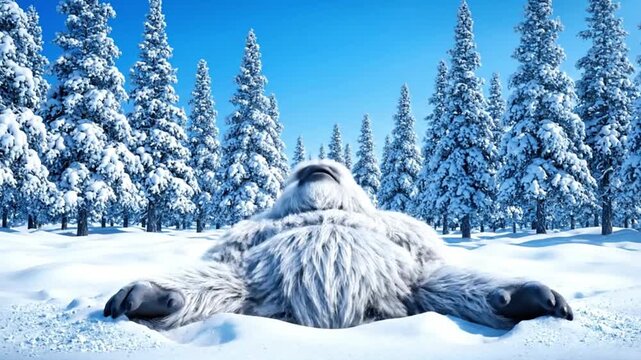A playful yeti making snow angels in a winter wonderland.