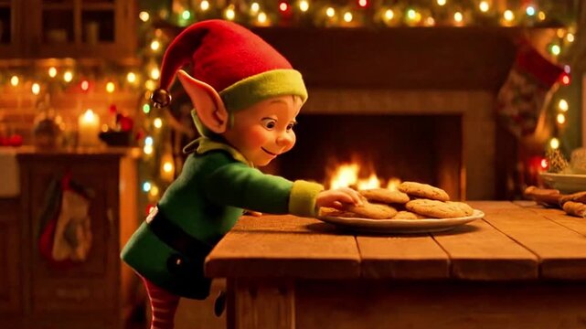  A mischievous elf sneaking cookies from Santa's kitchen