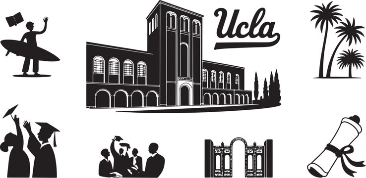 UCLA Campus Life Silhouette Collection Surfer Student, University Building, Script Logo, Palm Trees, Graduation, Campus Gate, Diploma