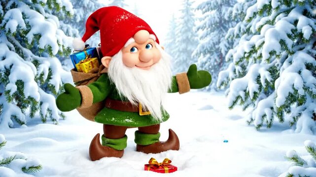 A mischievous gnome hiding presents in the snow