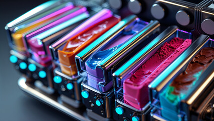 Futuristic ice cream machine with colorful flavors