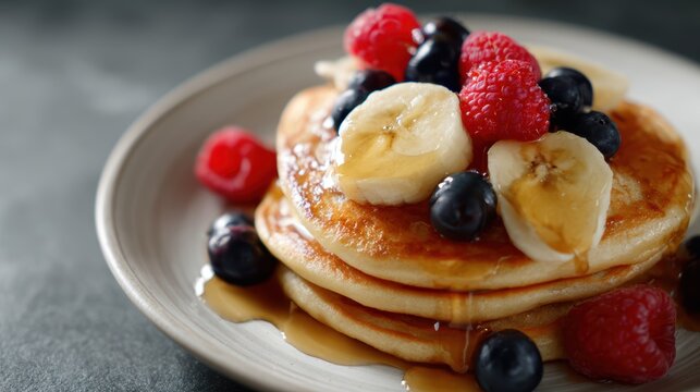 vibrant top view of oat flour pancakes stacked with maple syrup, banana slices, and berries - Powered by Adobe