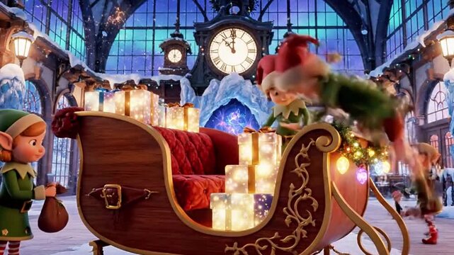 A magical train station where Santa's sleigh is being prepared