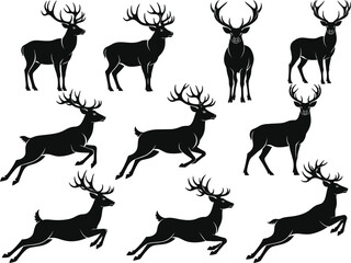 Deer silhouette, black and white, antlers, wildlife, nature, animal pose, leaping deer, standing deer, walking deer, vector, minimal