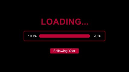 Following new year 2026 with loading bar system animation on black background. Coming and year change concept. flowing textures, symbolizing the upcoming year and new beginnings in a red visual style