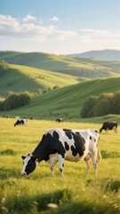Black and white cow grazing in a lush green pasture with rolling hills in the background