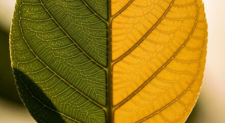 Obraz premium Macro of leaf half green and half yellow showing seasonal change in nature